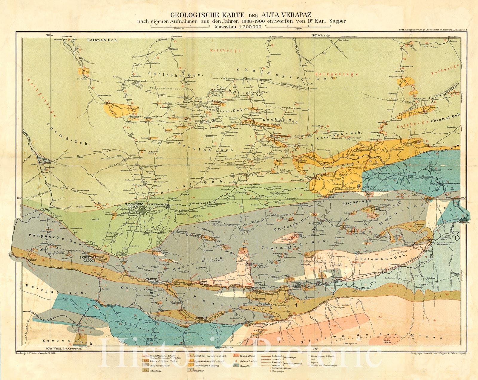 Map : Alta Verapaz, Guatemala 1901, Geologische Karte der Alta Verapaz, nach eigenen Aufnahmen aus den Jahren 1888-1900 , Antique Vintage Reproduction