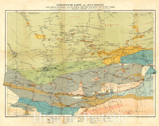 Map : Alta Verapaz, Guatemala 1901, Geologische Karte der Alta Verapaz, nach eigenen Aufnahmen aus den Jahren 1888-1900 , Antique Vintage Reproduction