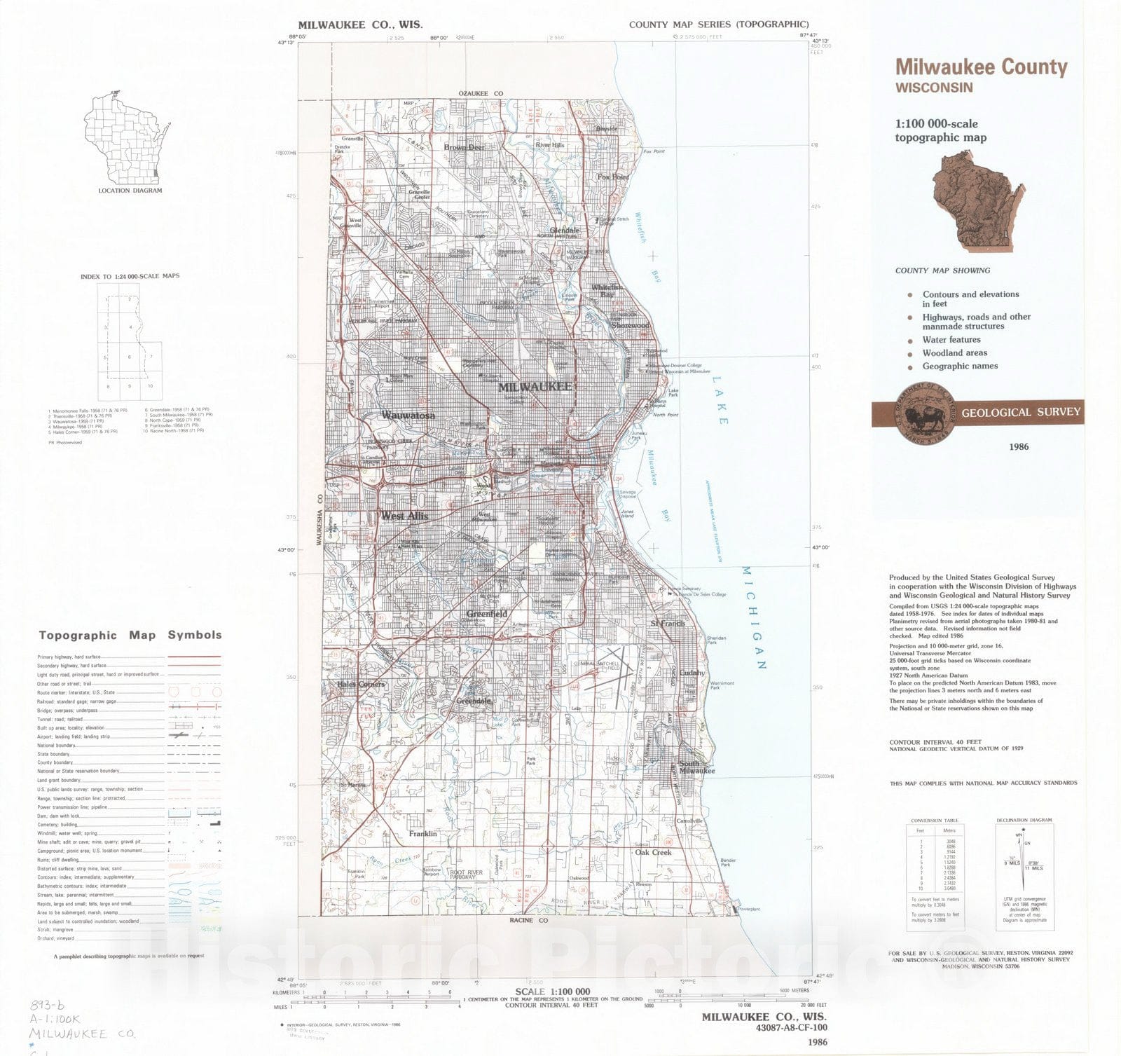 Map : Milwaukee County (Wisconsin) 1986, topographic map, County map series (topographic), [Wisconsin] , Antique Vintage Reproduction