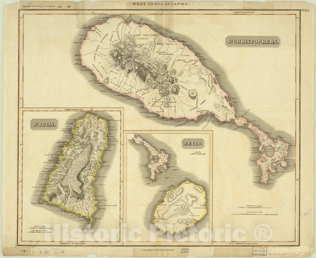 Map : West Indies 1815, West India Islands;St. Christophers;St. Lucia;Nevis;, Antique Vintage Reproduction