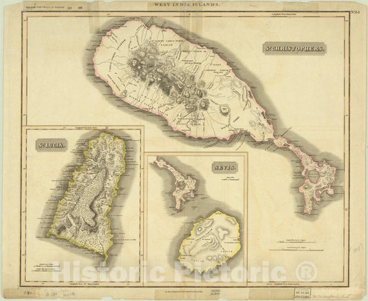 Map : West Indies 1815, West India Islands;St. Christophers;St. Lucia;Nevis;, Antique Vintage Reproduction