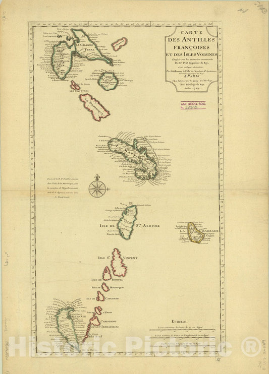 Map : West Indies 1717, Carte des Antilles Franc?oises et des iles voisines , Antique Vintage Reproduction