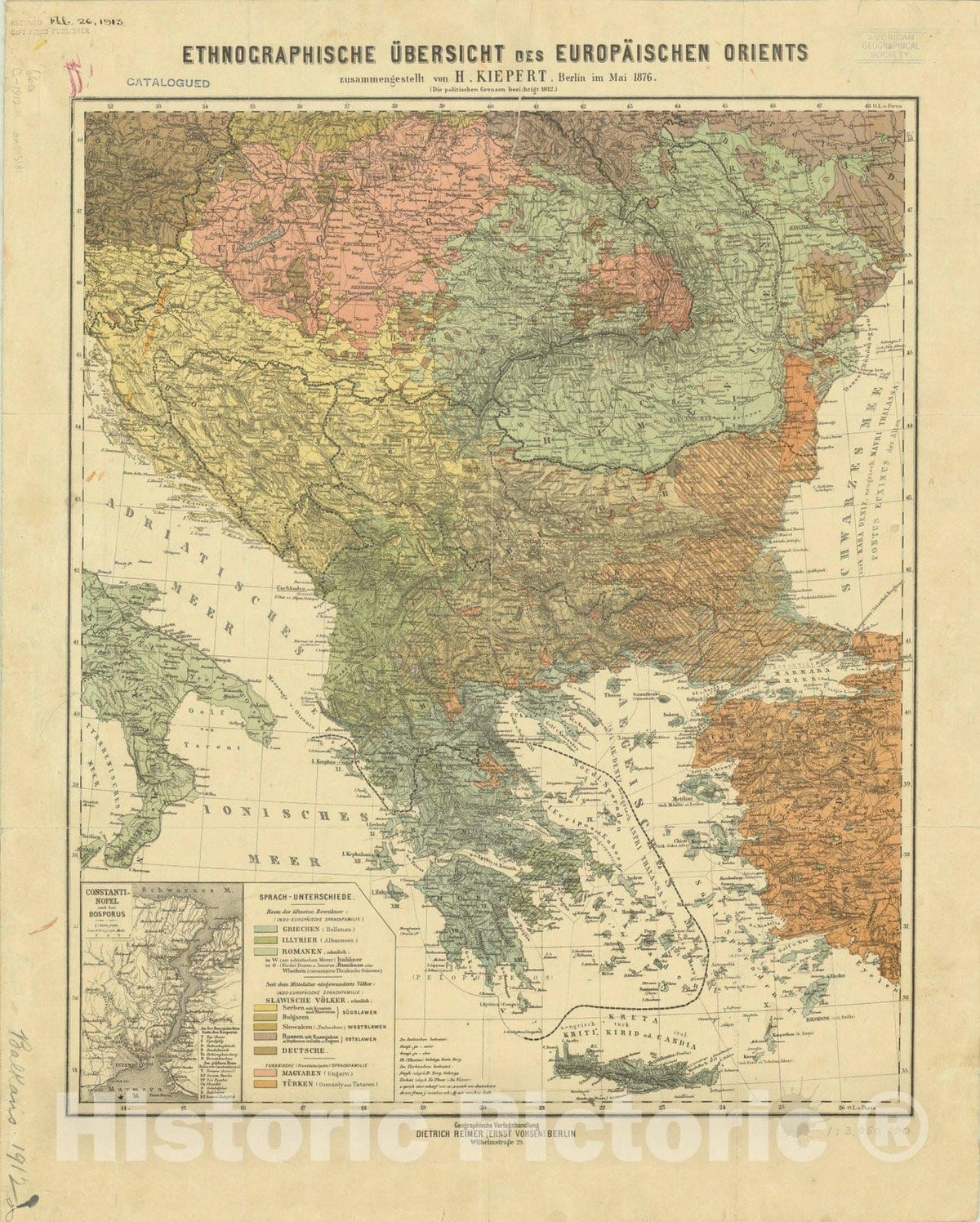 Map : Balkan Peninsula 1912, Ethnographische Ubersicht des europA?ischen Orients , Antique Vintage Reproduction