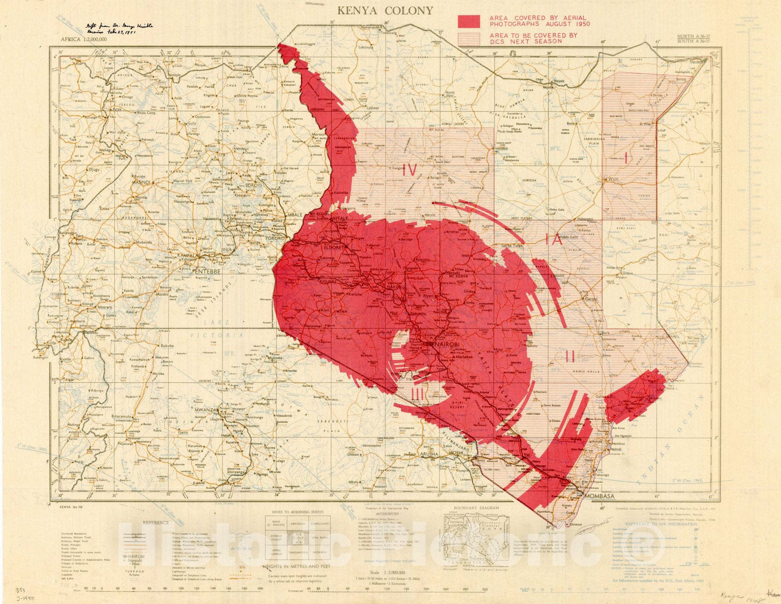 Map : Kenya 1950, Kenya colony, Africa 1:2,000,000, Antique Vintage Reproduction