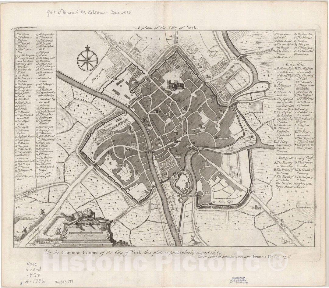Map : York, England 1736, Antique Vintage Reproduction