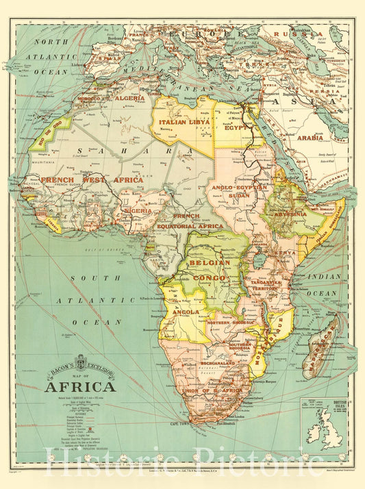 Map : Africa 1926, Bacon's excelsior map of Africa , Antique Vintage Reproduction