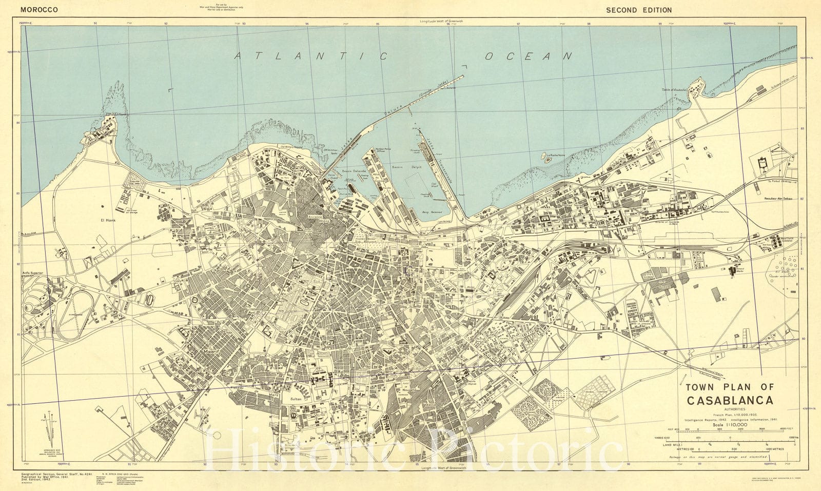 Map : Casablanca, Morocco 1942, Town plan of Casablanca, Antique Vintage Reproduction