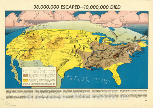 Map : United States 1943, 38,000,000 escaped -- 10,000,000 died , Antique Vintage Reproduction