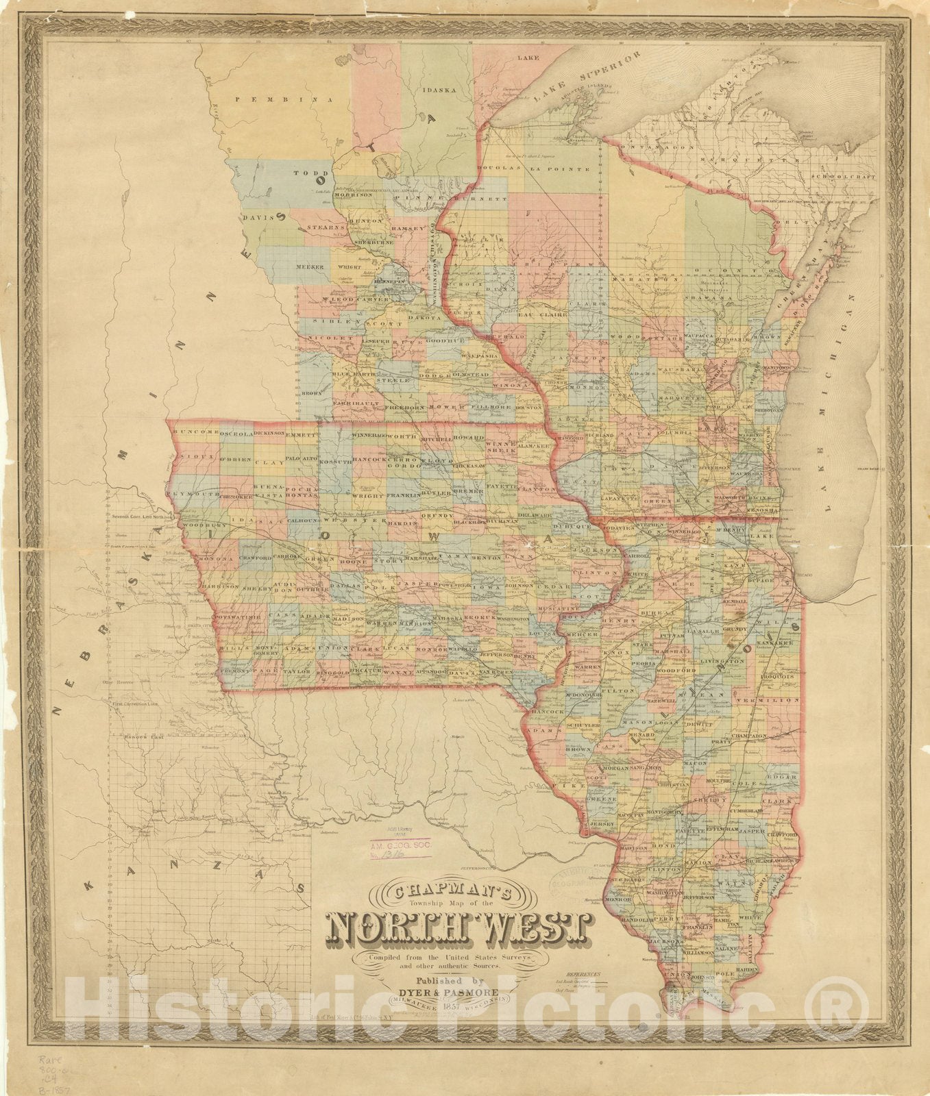 Map : Old Northwest (Wisconsin, Minnesota, Illinois and Iowa) 1857, Chapman's township map of the North West , Antique Vintage Reproduction