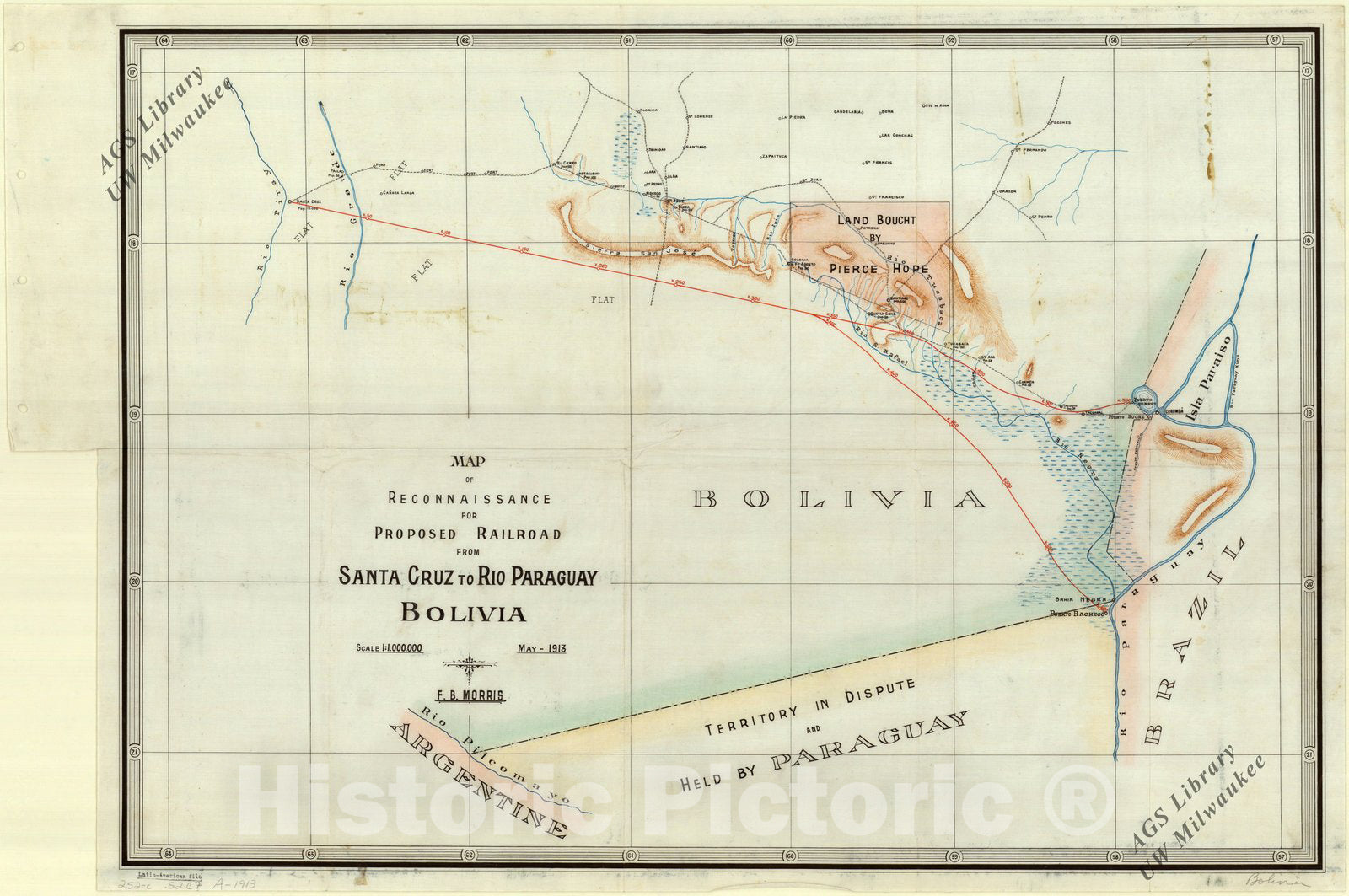 Map : Santa Cruz to Rio Paraguary, Bolivia 1913, Map of reconnaissance for proposed railroad from Santa Cruz to Rio Paraguary, Bolivia , Antique Vintage Reproduction