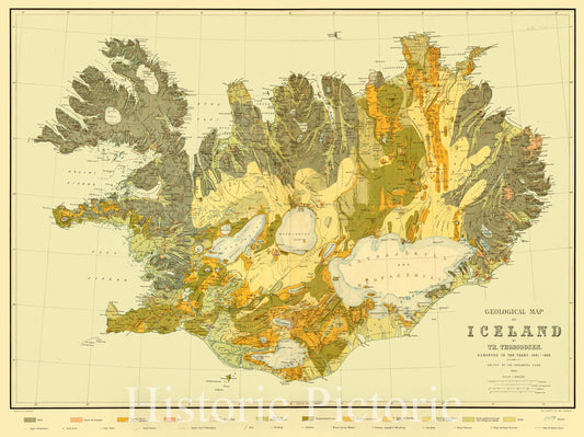Map : Iceland 1901, Geological map of Iceland , Antique Vintage Reproduction
