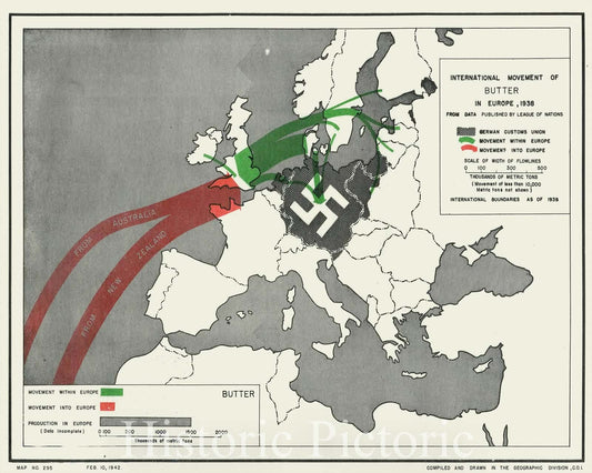 Map : Europe 1942, International movement of butter in Europe, 1938 , Antique Vintage Reproduction