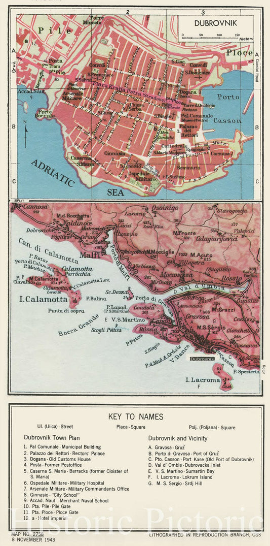 Map : Dubrovnik, Croatia 1943, Dubrovnik , Antique Vintage Reproduction