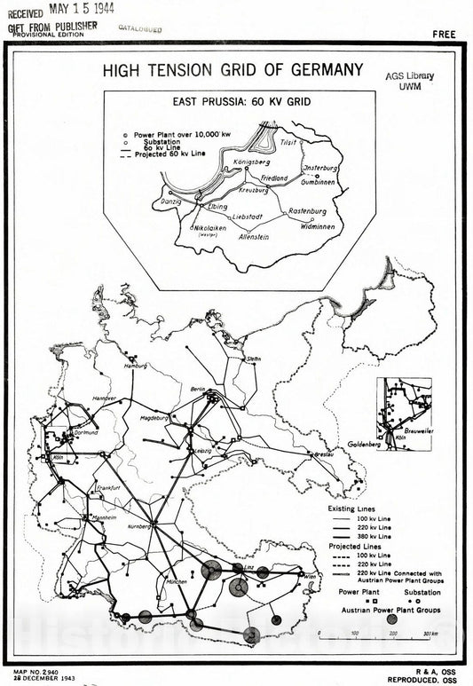 Map : Germany 1943, High tension grid of Germany , Antique Vintage Reproduction