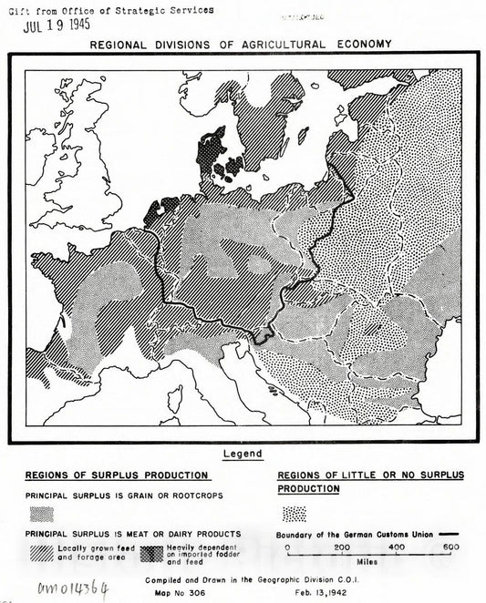 Map : Europe 1942, Regional divisions of agricultural economy , Antique Vintage Reproduction