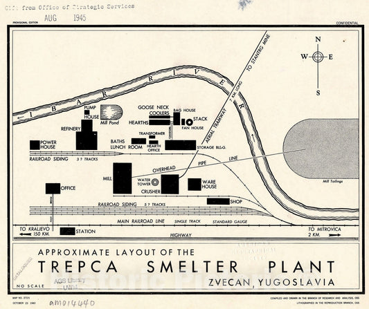 Map : Zvecan, Yugoslavia 1943, Approximate layout of the Trepca smelter plant, Zvecan, Yugoslavia , Antique Vintage Reproduction
