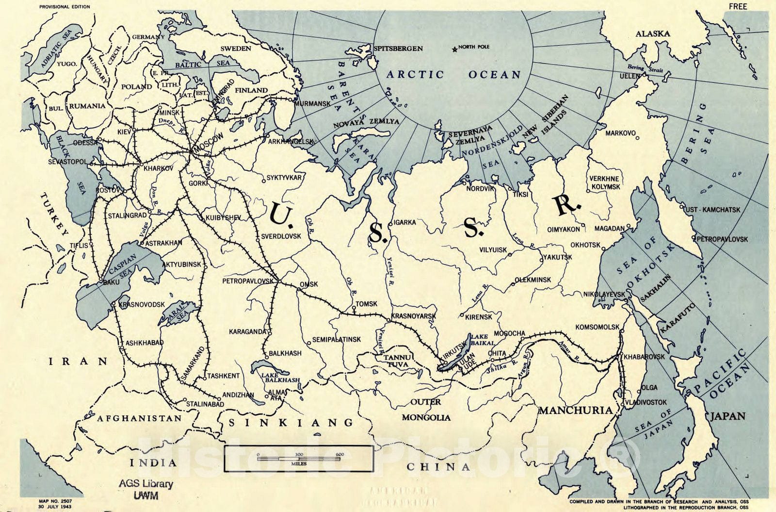 Map : Soviet Union 1943, [Railroads of U.S.S.R.] , Antique Vintage Reproduction