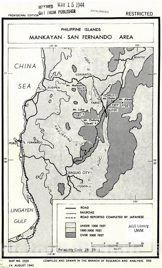 Map : Philippines 1943, Philippine islands, Mankayan-San Fernando area , Antique Vintage Reproduction