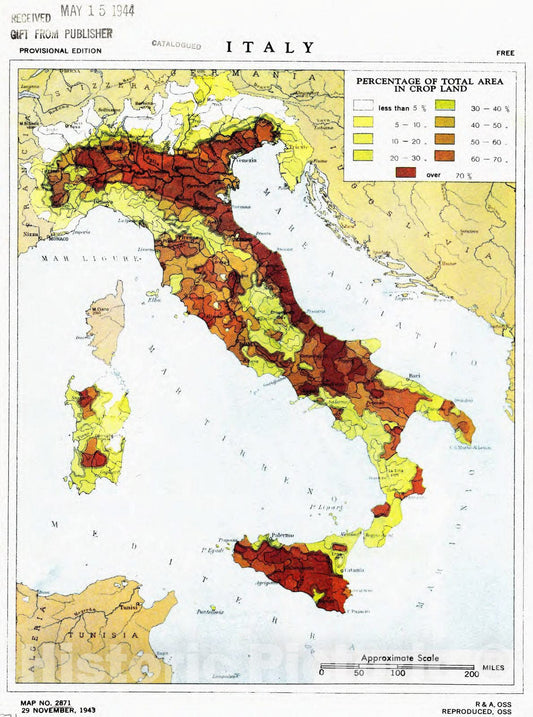 Map : Italy 1943, Italy : percentage of total area in crop land , Antique Vintage Reproduction