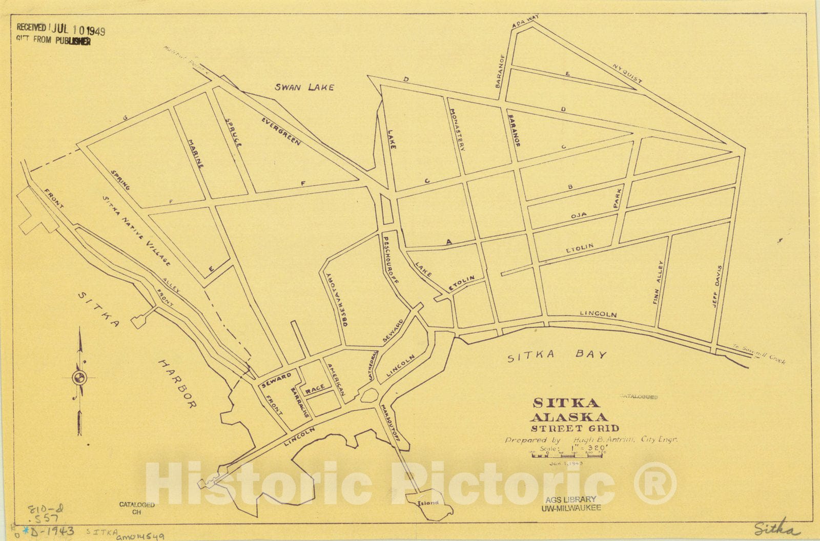 Map : Sitka, Alaska 1943, Sitka, Alaska, street grid , Antique Vintage Reproduction