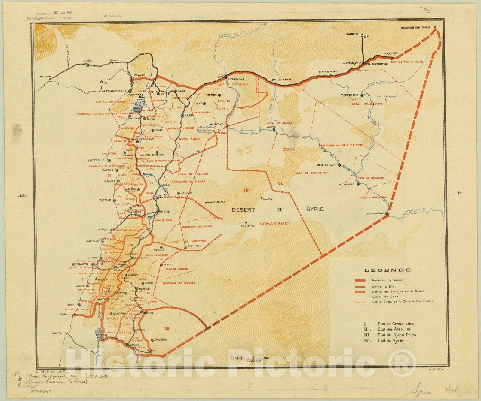 Map : Syria 1926, [Carte de Syrie et du Liban 1926] , Antique Vintage Reproduction