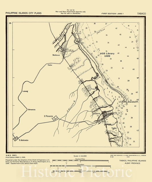 Map : Tabaco, Philippines 1944, Tabaco, Philippine Islands, Albay Province, Antique Vintage Reproduction
