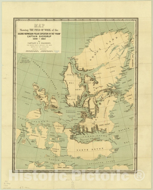 Historic Map : Arctic region 1904, Map showing the field work of the second Norwegian polar expedition in the |"Fram|", Captain Sverdrup, 1898-1902 , Antique Vintage Reproduction