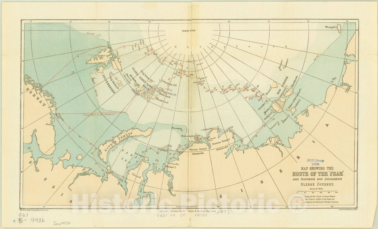 Map : Arctic region 1897, Map showing the route of the |"Fram|" and Nansen's and Johansen's sledge journey, Antique Vintage Reproduction
