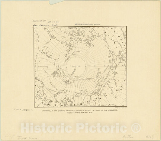 Map : Arctic region 1884?, Circumpolar map showing Melville's proposed route ; the drift of the Jeannette ; highest points reached, etc, Antique Vintage Reproduction