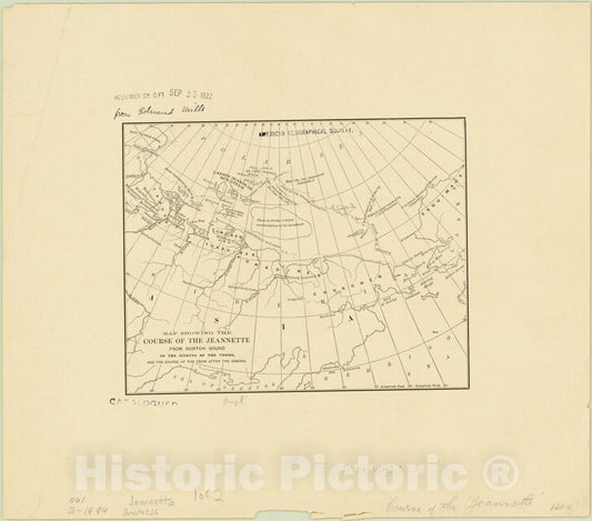 Map : Arctic region 1884?, Map showing the course of the Jeannette from Norton Sound to the sinking of the vessel, and the course of the crew after the sinking