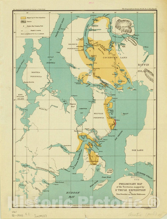 Map : Arctic 1925, Preliminary map of the territories mapped by 5' Thule Expedition , Antique Vintage Reproduction