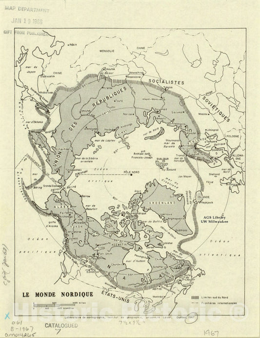 Map : Arctic region 1967, Le monde nordique , Antique Vintage Reproduction