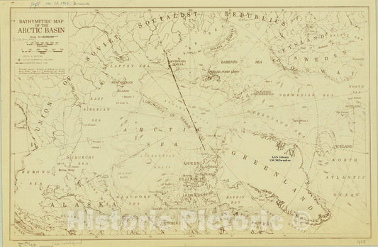 Map : Arctic region 1958, Bathymetric map of the Arctic basin , Antique Vintage Reproduction