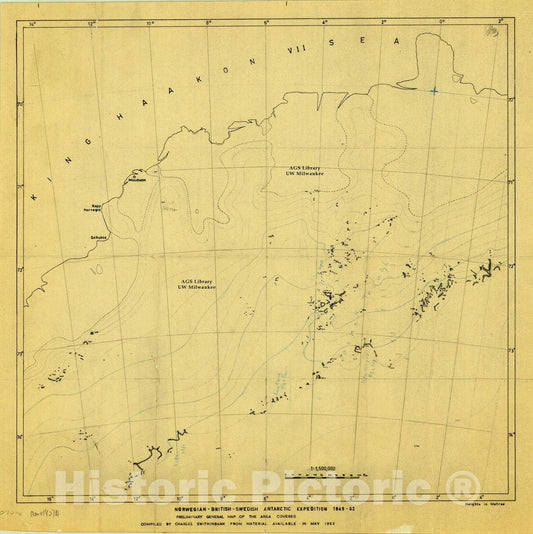 Map : Antarctic 1953, Norwegian-British-Swedish Antarctic Expedition 1949-52 : preliminary general map of the area covered , Antique Vintage Reproduction