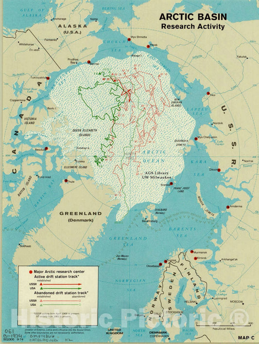 Map : Arctic basin 1974, Arctic Basin research activity, Antique Vintage Reproduction