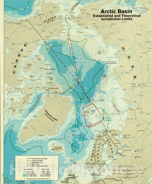 Map : Arctic basin 1974, Arctic Basin : established and theoretical jurisdiction limits, Antique Vintage Reproduction