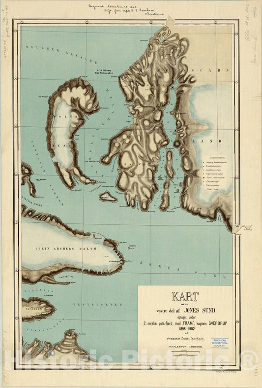 Map : Jones Sound, Northwest Territory, Canada 1903, Kart over vestre del af Jones Sund optaget under 2. norske polarfaerd med |"Fram,|" kaptein Sverdrup 1898-1902