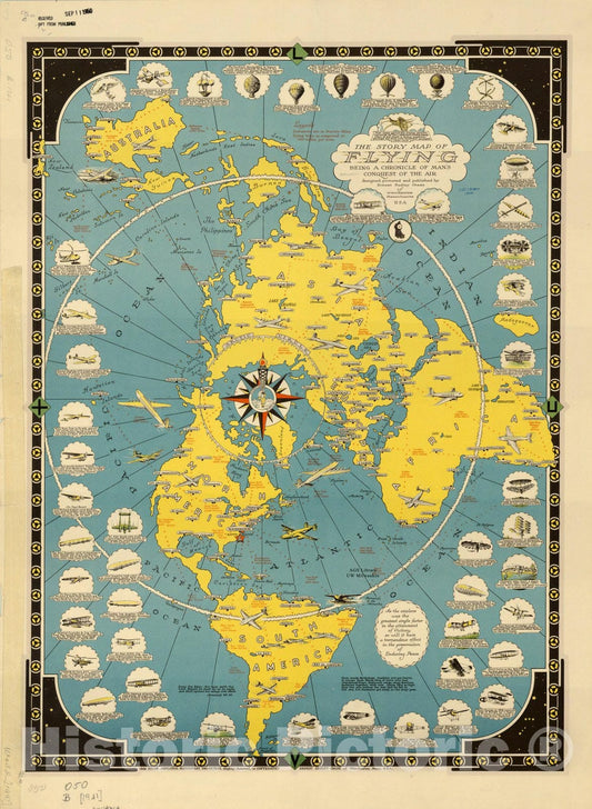 Map : World 1942, The story map of flying being a chronicle of man's conquest of the air , Antique Vintage Reproduction
