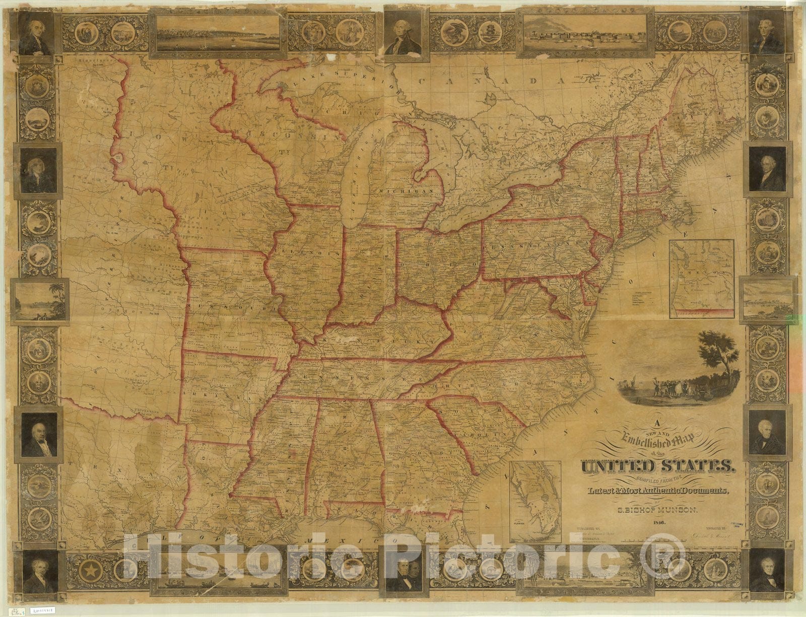 Map : United States 1846, A new and embellished map of the United States, compiled from the latest & most authentic documents , Antique Vintage Reproduction