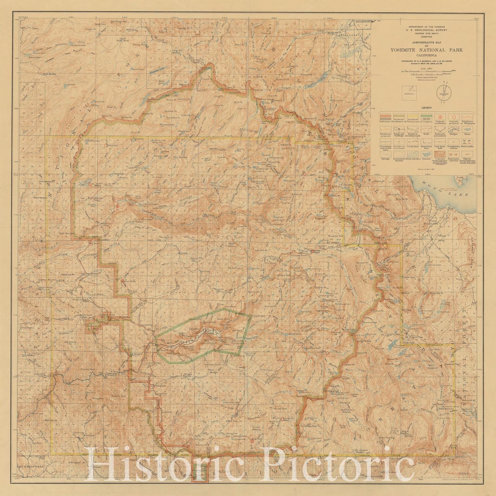 Map : Yosemite National Park (California) 1910, administrative map, Administrative map of Yosemite National Park, California , Antique Vintage Reproduction
