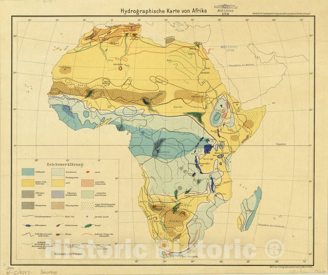 Map : Africa 1928, Hydrographische karte von Afrika, Antique Vintage Reproduction