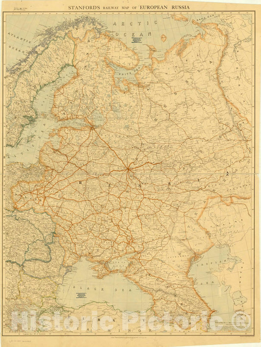Map : Russia 1915, Stanford's railway map of European Russia, Antique Vintage Reproduction