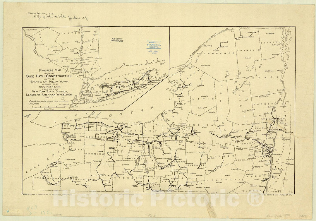 Map : New York bike paths 1900, Progress map showing side path construction in the State of New York under the Side Path Law , Antique Vintage Reproduction
