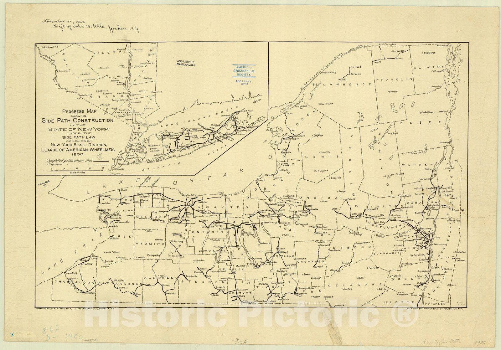 Map : New York bike paths 1900, Progress map showing side path construction in the State of New York under the Side Path Law , Antique Vintage Reproduction