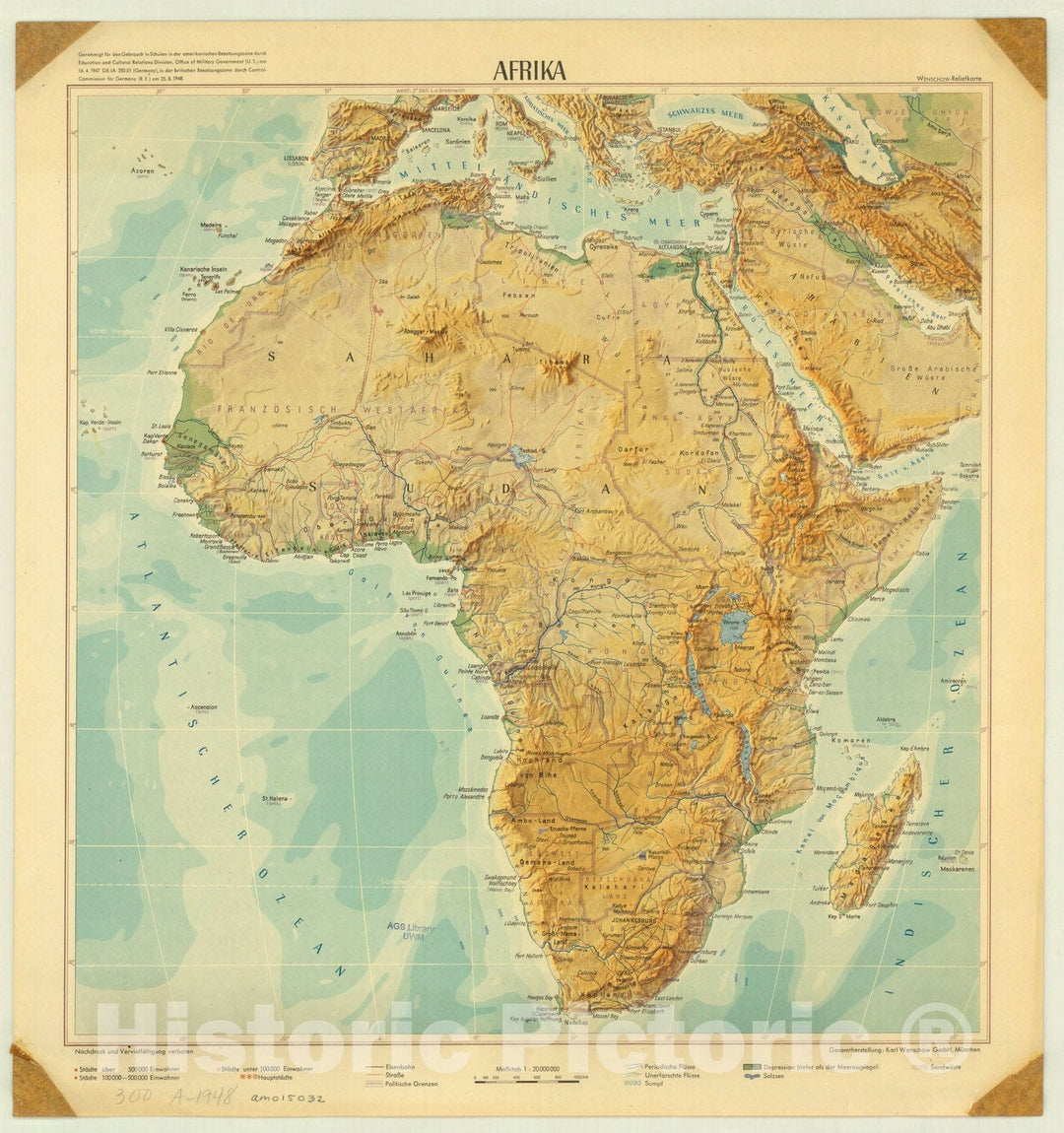 Map : Africa 1948, Afrika Wenschow-Reliefkarte , Antique Vintage Reproduction