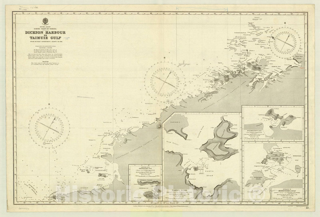 Map : Artic Ocean 1916, Arctic Ocea, North coast of Siberia, Dickson Harbour to Taimuir Gulf , Antique Vintage Reproduction