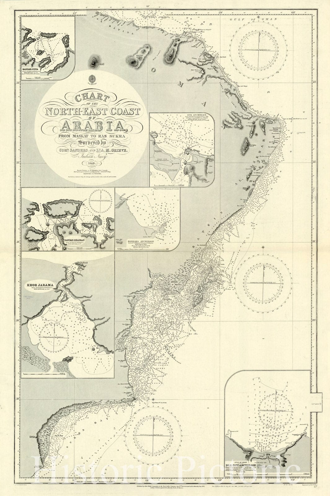Map : Arabian Peninsula 1915, Chart of the North-east coast of Arabia from Maskat to Ras Sukra , Antique Vintage Reproduction