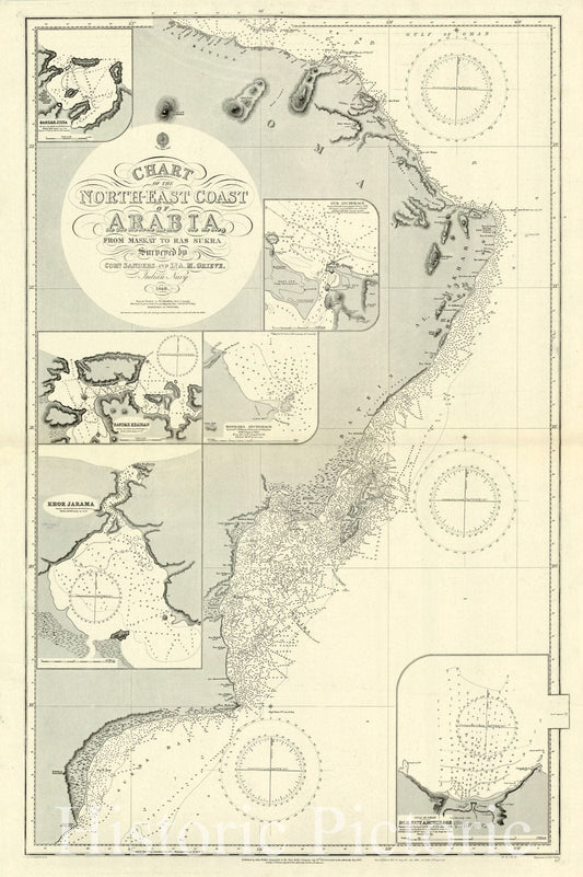 Map : Arabian Peninsula 1915, Chart of the North-east coast of Arabia from Maskat to Ras Sukra , Antique Vintage Reproduction