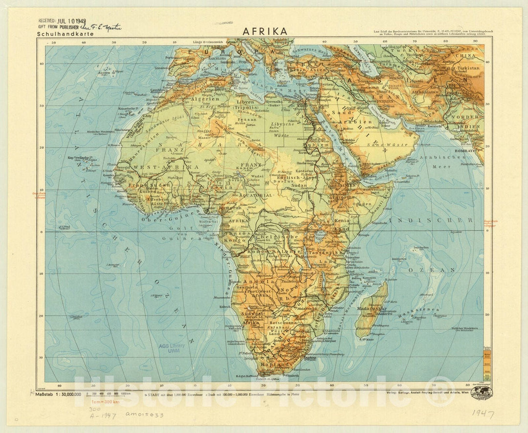 Map : Africa 1947, Afrika, Schulhandkarte , Antique Vintage Reproduction