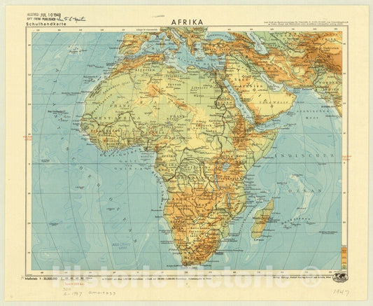 Map : Africa 1947, Afrika, Schulhandkarte , Antique Vintage Reproduction